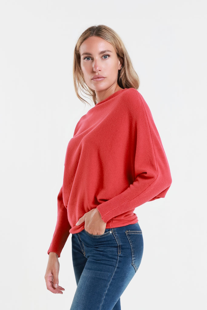 BLS413-600 Red Mylah Long Sleeve Batwing Sweater