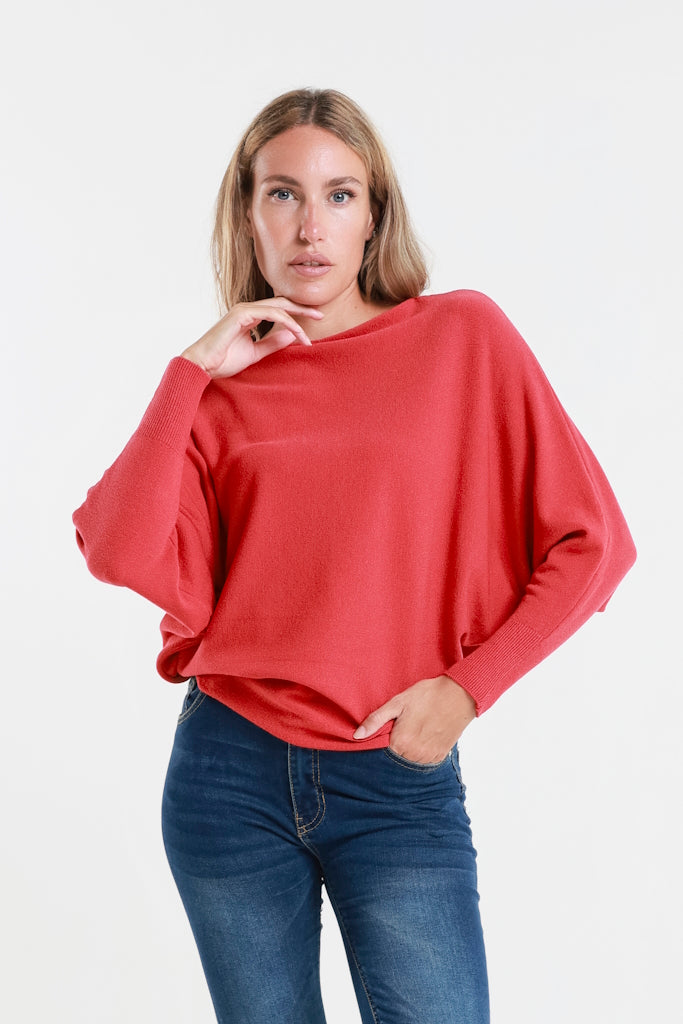 BLS413-600 Red Mylah Long Sleeve Batwing Sweater