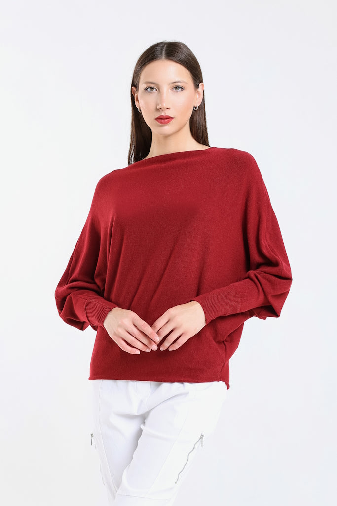 BLS413-602 Burgundy Mylah Long Sleeve Batwing Sweater