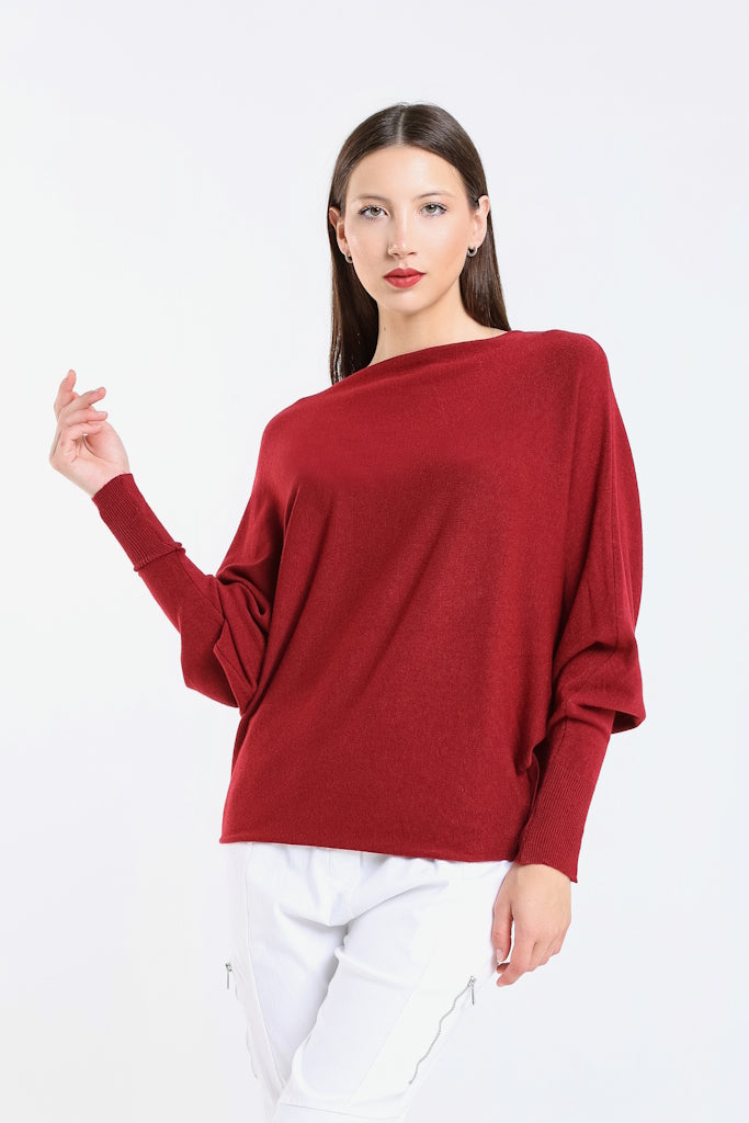 BLS413-602 Burgundy Mylah Long Sleeve Batwing Sweater