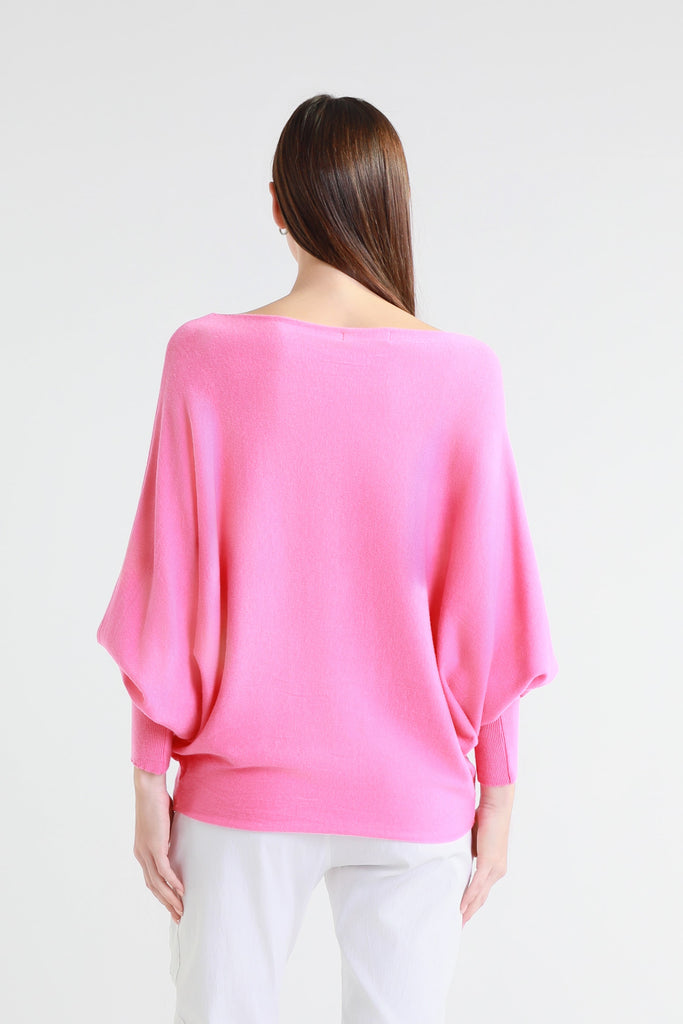 Person wearing a pink sweater on a white background