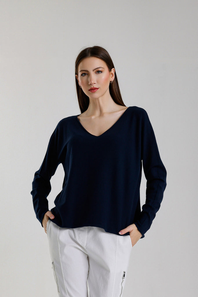 BLS420 409 Navy Tricia LS Seriously Soft V-Neck Sweater