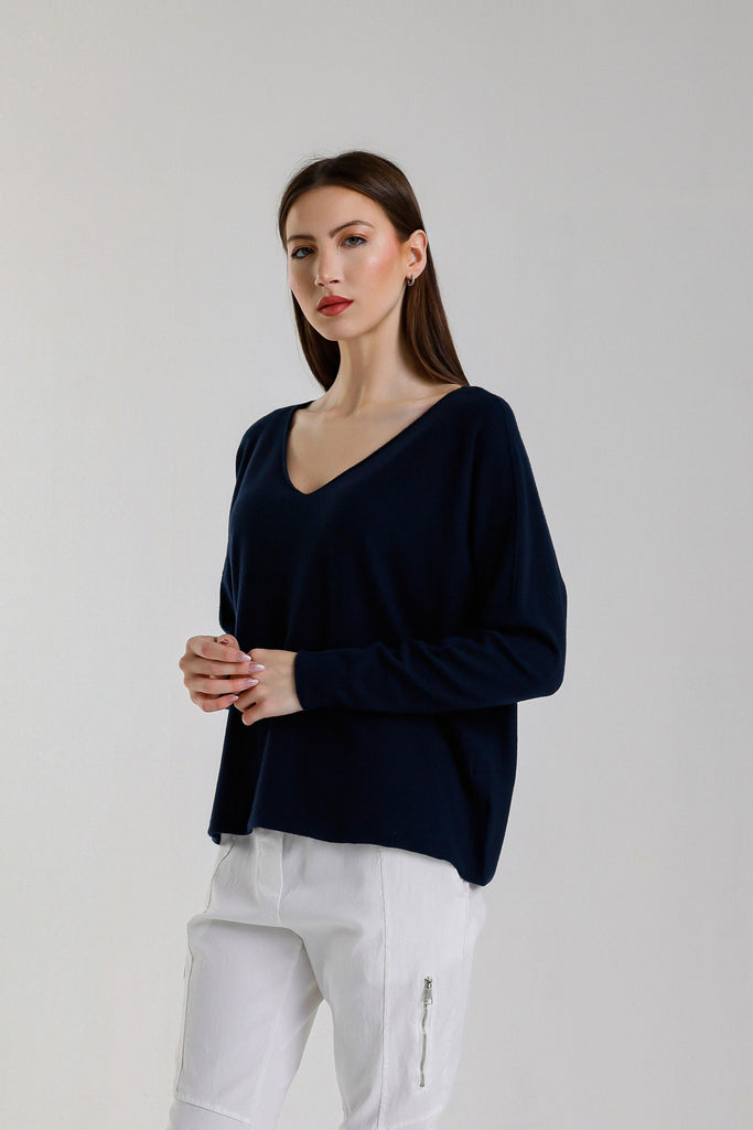 BLS420 409 Navy Tricia LS Seriously Soft V-Neck Sweater