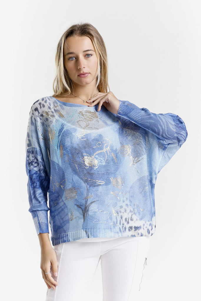 BLS424CF 400G Blue w/ Gold Circle Flower Danielle LS Batwing Open Knit Sweater w/ Removable Liner-1