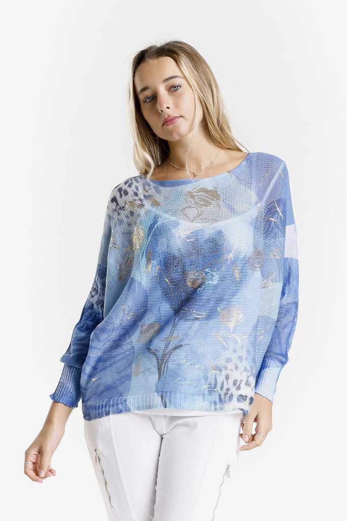 BLS424CF 400G Blue w/ Gold Circle Flower Danielle LS Batwing Open Knit Sweater w/ Removable Liner-2