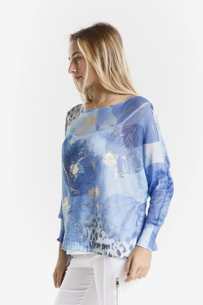 BLS424CF 400G Blue w/ Gold Circle Flower Danielle LS Batwing Open Knit Sweater w/ Removable Liner-3