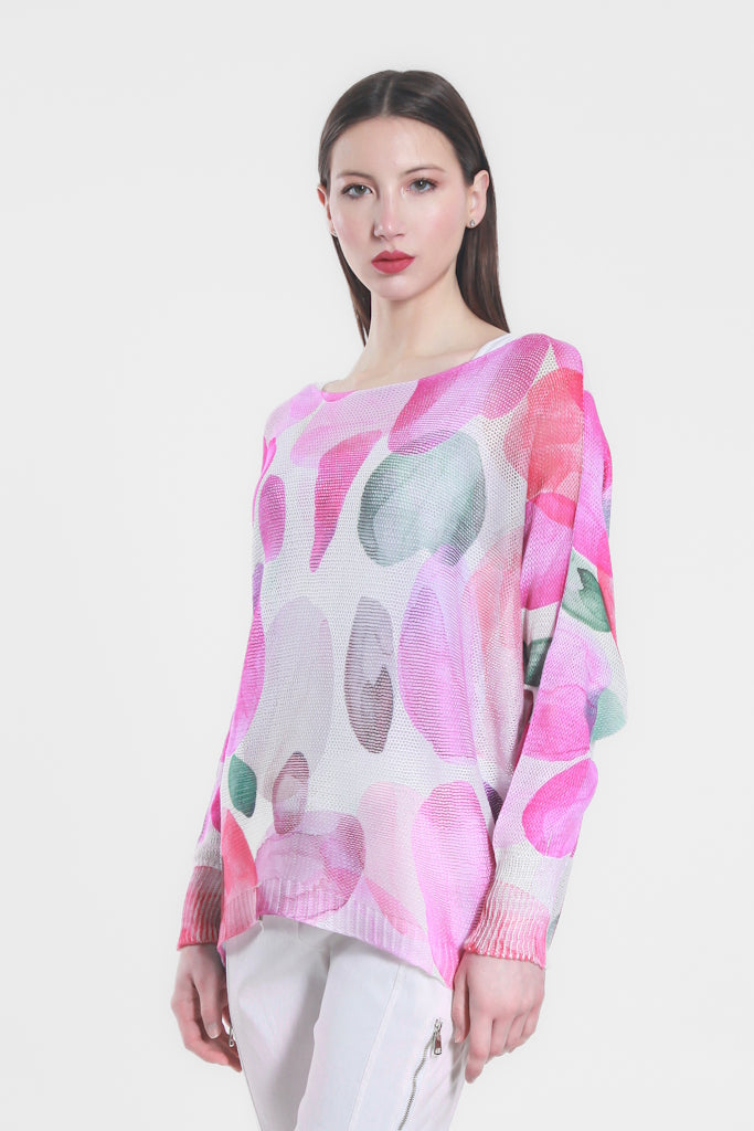 BLS424D-650 Pink Washed Dots Danielle LS Batwing Open Knit Sweater 