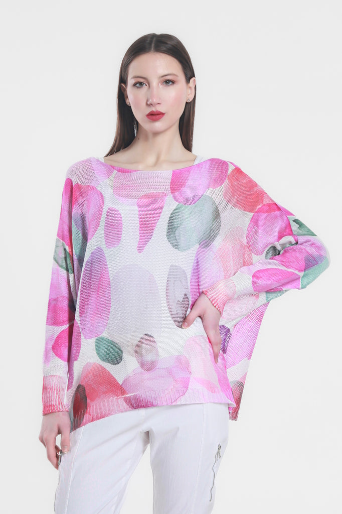 BLS424D-650 Pink Washed Dots Danielle LS Batwing Open Knit Sweater 