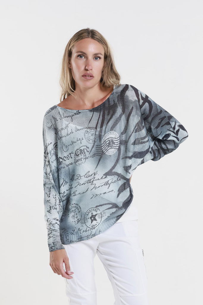 BLS424E 030 Gray/Black Post Card Danielle LS Batwing Open Knit Sweater w/ Removable Liner-Front