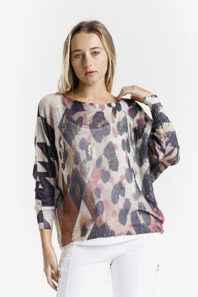 BLS424PL 650G Pink w/ Gold Splash Leopard Danielle LS Batwing Open Knit Sweater w/ Removable Liner-1