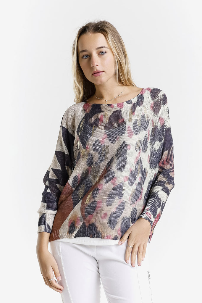 BLS424PL 650G Pink w/ Gold Splash Leopard Danielle LS Batwing Open Knit Sweater w/ Removable Liner-2