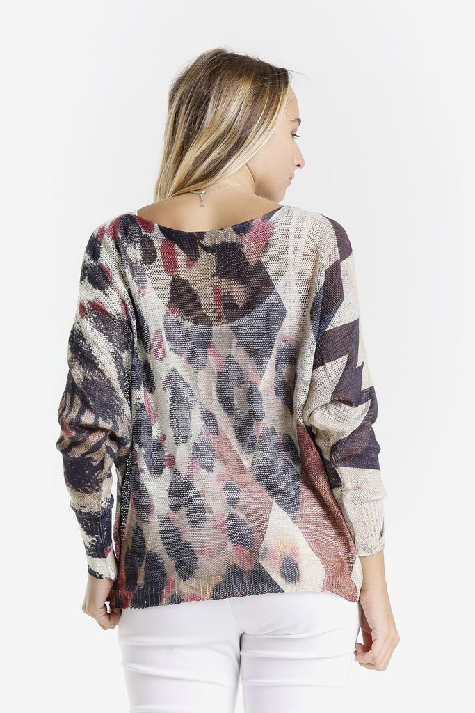 BLS424PL 650G Pink w/ Gold Splash Leopard Danielle LS Batwing Open Knit Sweater w/ Removable Liner-4