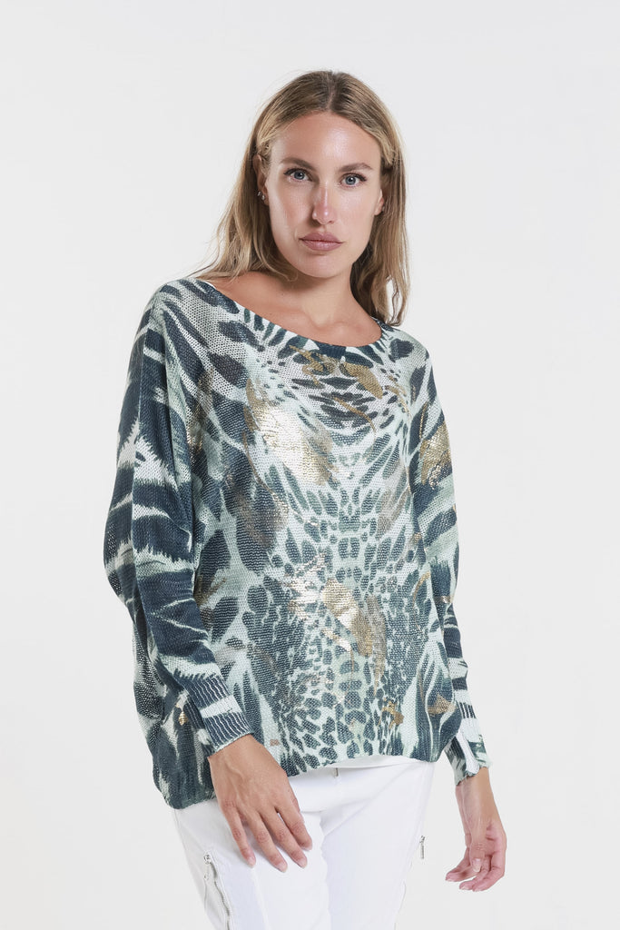 BLS424T 303G Army w/Gold Big/Small Spot Danielle LS Batwing Open Knit Sweater w/ Removable Liner-2