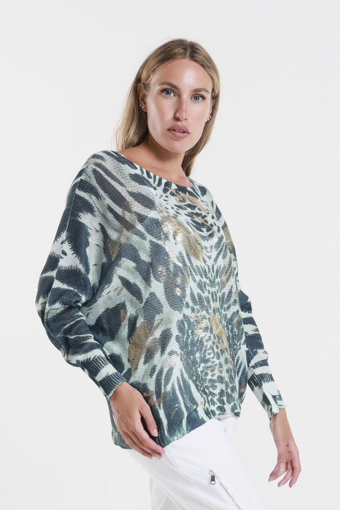 BLS424T 303G Army w/Gold Big/Small Spot Danielle LS Batwing Open Knit Sweater w/ Removable Liner-3