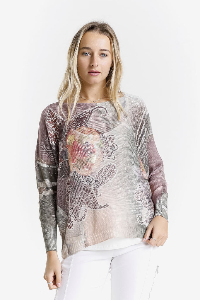 BLS424WF 303G Army w/ Gold Swirl Flower Danielle LS Batwing Open Knit Sweater w/ Removable Liner-1