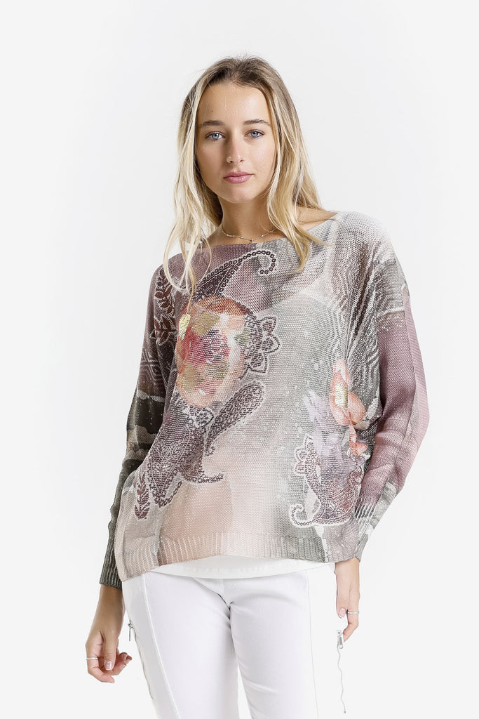 BLS424WF 303G Army w/ Gold Swirl Flower Danielle LS Batwing Open Knit Sweater w/ Removable Liner-2