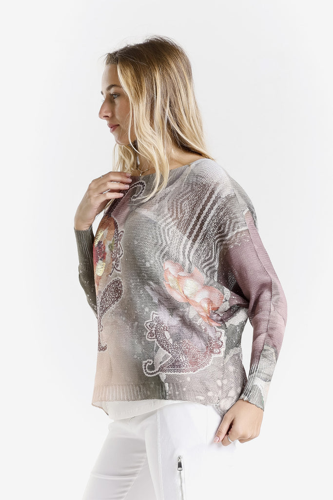 BLS424WF 303G Army w/ Gold Swirl Flower Danielle LS Batwing Open Knit Sweater w/ Removable Liner-3