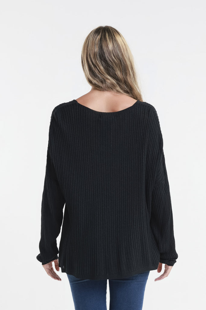 BLS426 001 Black Gabrielle LS V Neck Vertical Knit Sweater Back