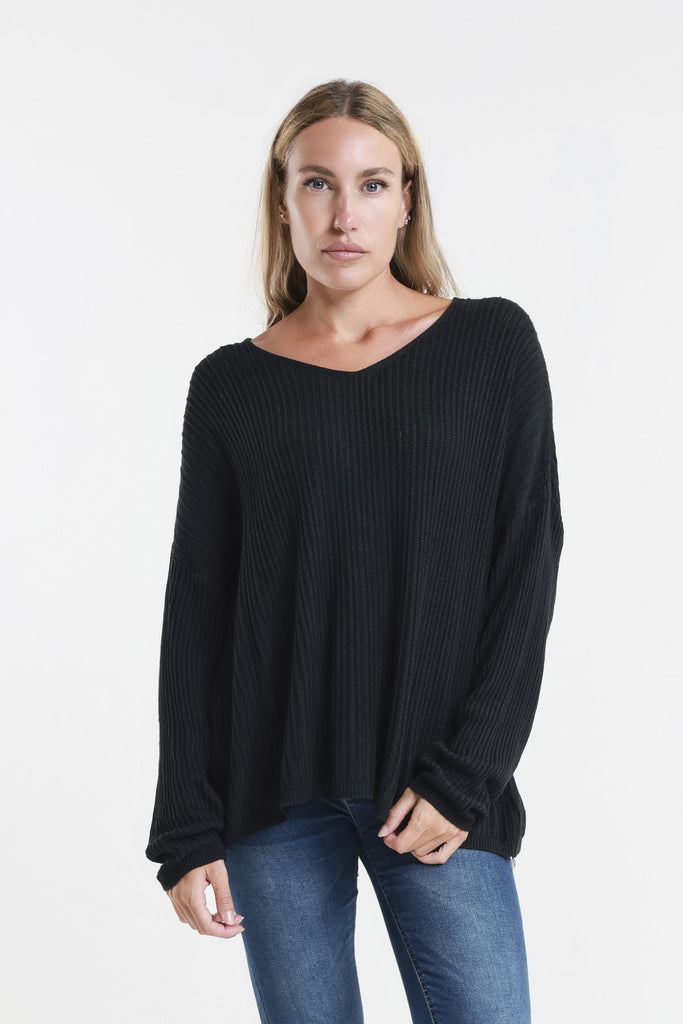 BLS426 001 Black Gabrielle LS V Neck Vertical Knit Sweater Front 2