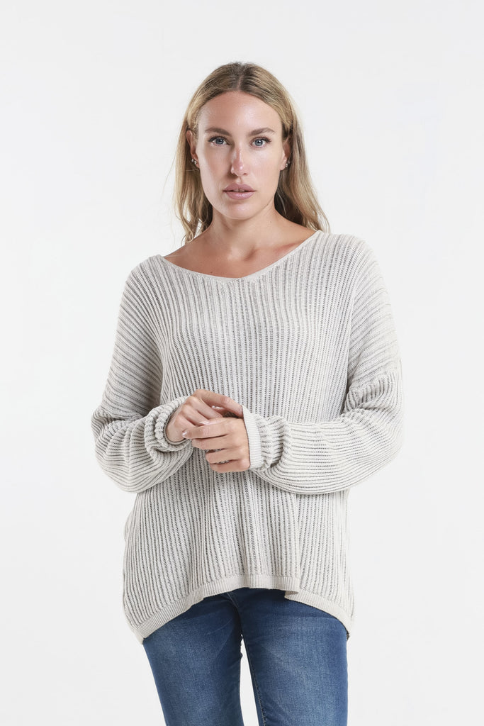 BLS426 270 Beige Enzyme Gabrielle LS V Neck Vertical Knit Sweater Front 2