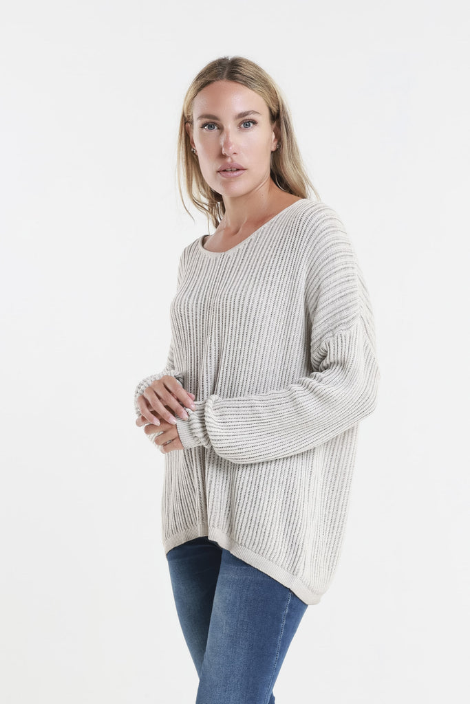 BLS426 270 Beige Enzyme Gabrielle LS V Neck Vertical Knit Sweater Side