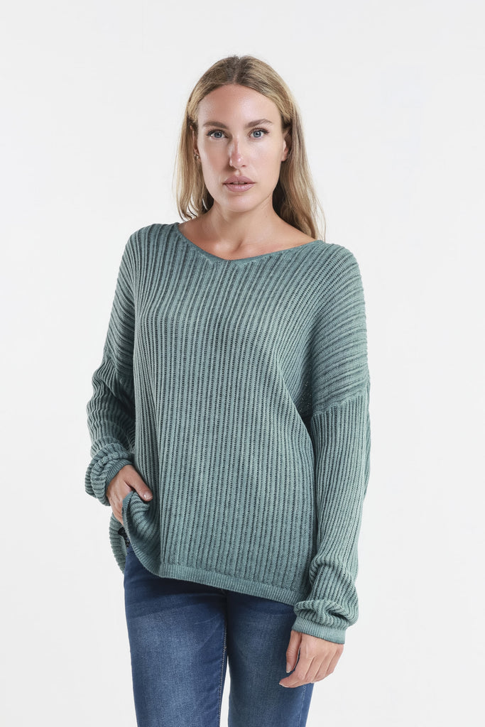 BLS426 328 Teal Enzyme Gabrielle LS V Neck Vertical Knit Sweater Front 2