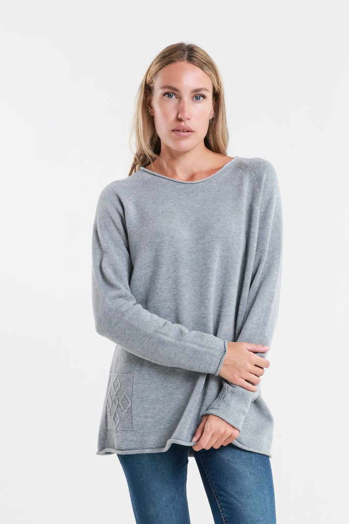 BLS427-011 Slate Natalie LS Crew Neck Knit Patch Detail Sweater