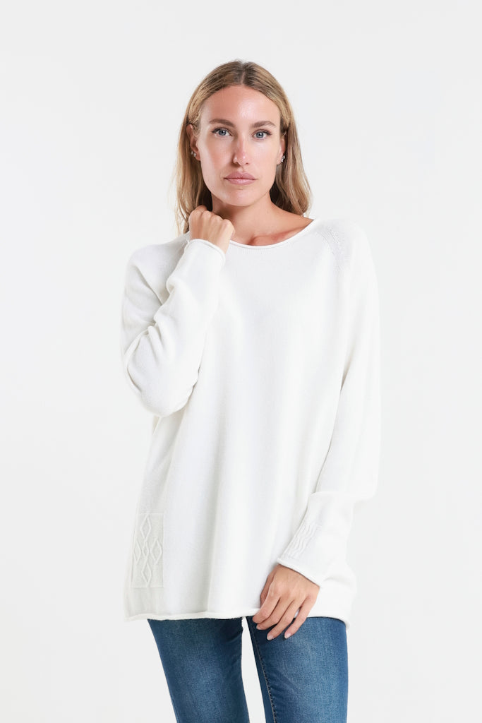 BLS427-105 Cream Natalie LS Crew Neck Knit Patch Detail Sweater