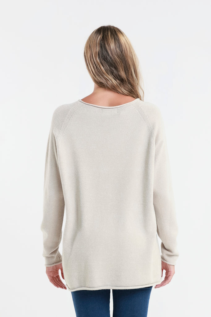 BLS427-250 Beige Natalie LS Crew Neck Knit Patch Detail Sweater