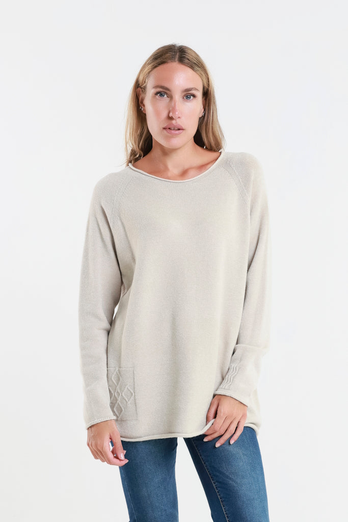 BLS427-250 Beige Natalie LS Crew Neck Knit Patch Detail Sweater