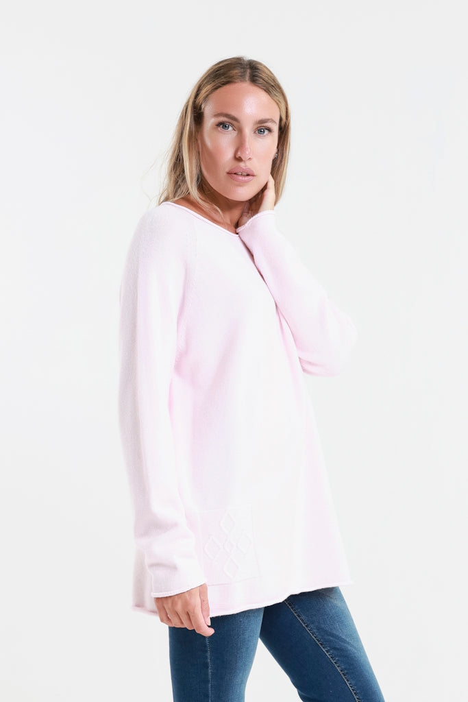 BLS427-650 Pink Natalie LS Crew Neck Knit Patch Detail Sweater