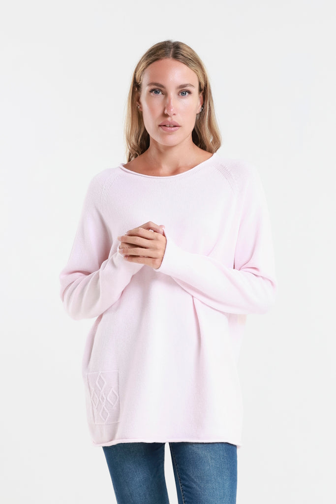 BLS427-650 Pink Natalie LS Crew Neck Knit Patch Detail Sweater