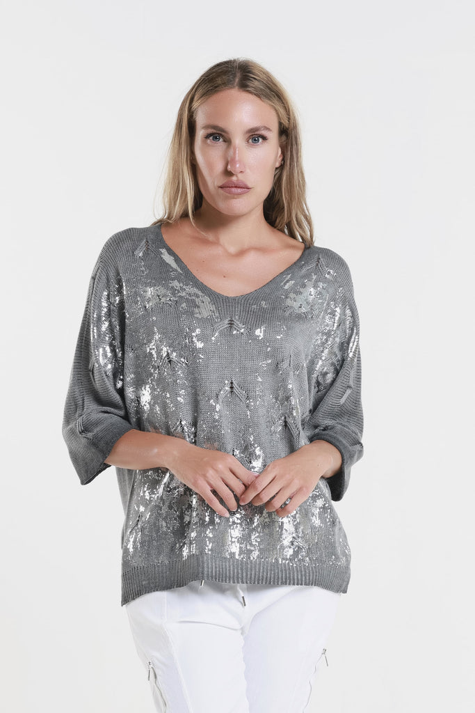 BLS434M 032 Dark Gray Metallic Accent Emilia LS Ribbed Knit Top