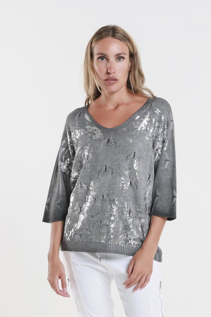 BLS434M 032 Dark Gray Metallic Accent Emilia LS Ribbed Knit Top