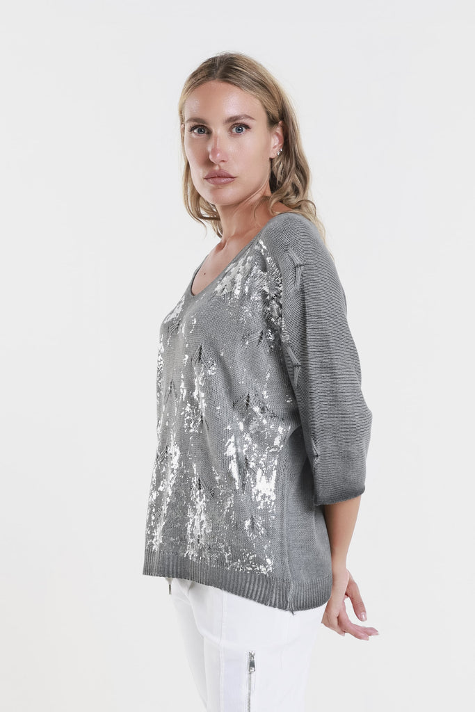 BLS434M 032 Dark Gray Metallic Accent Emilia LS Ribbed Knit Top