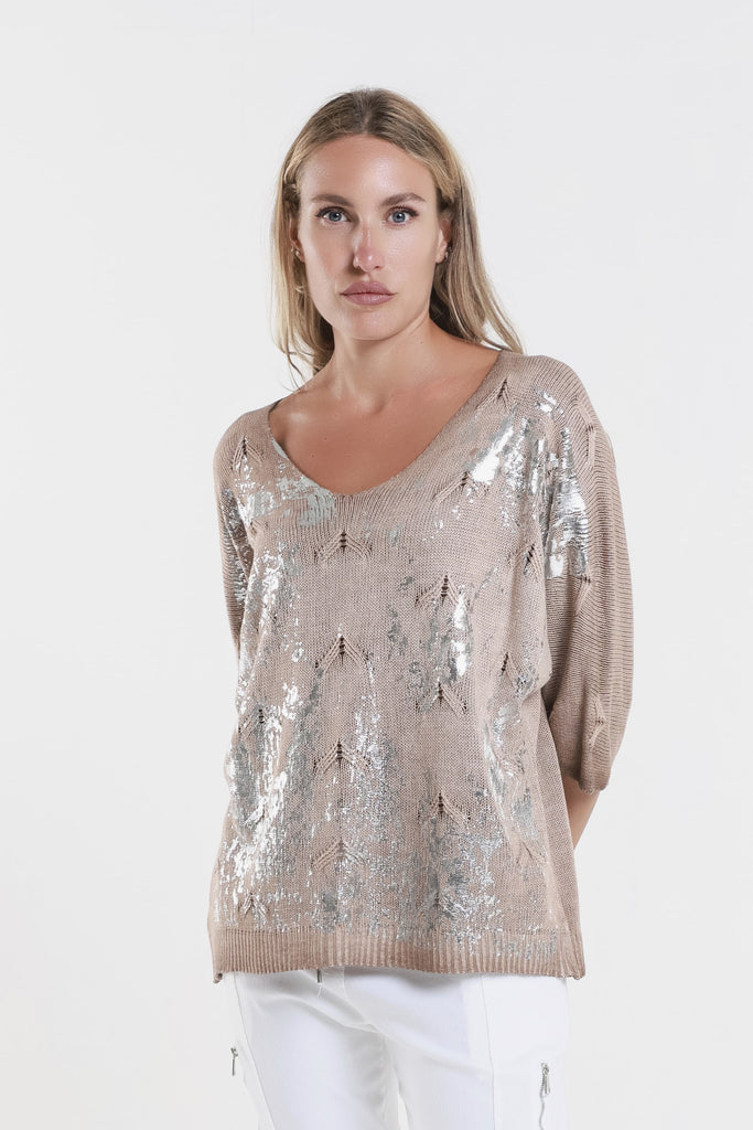 BLS434M 258 Camel Metallic Accent Emilia LS Ribbed Knit Top