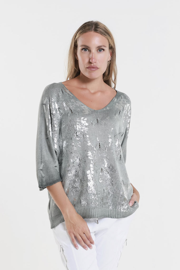 BLS434M 303 Army Metallic Accent Emilia LS Ribbed Knit Top