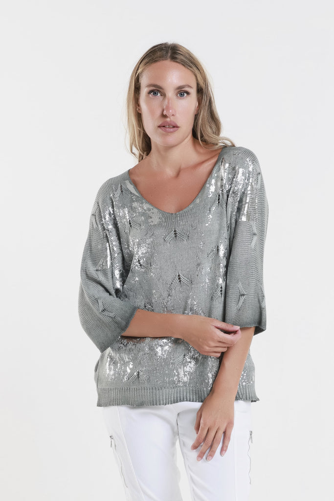 BLS434M 303 Army Metallic Accent Emilia LS Ribbed Knit Top
