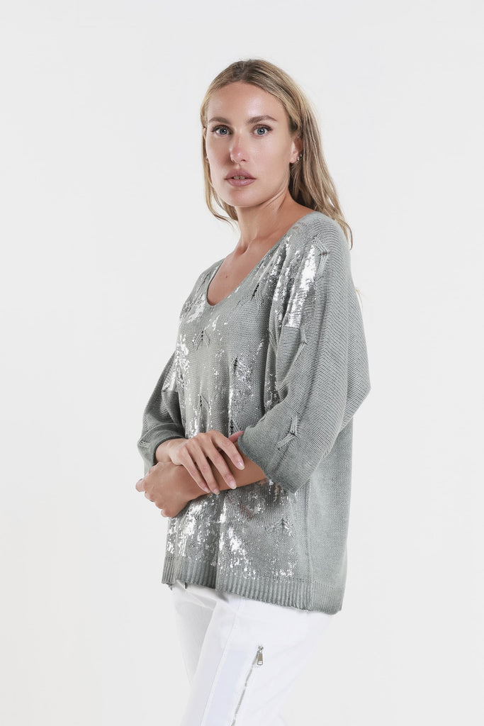 BLS434M 303 Army Metallic Accent Emilia LS Ribbed Knit Top