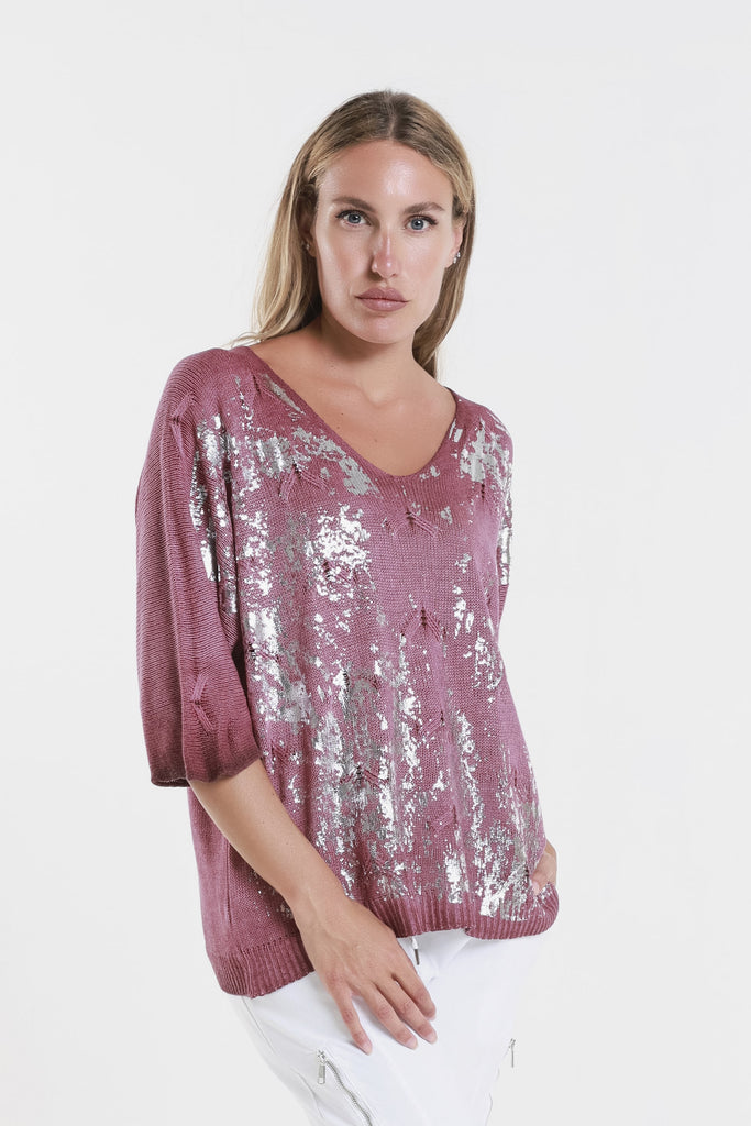 BLS434M 409 Navy Metallic Accent Emilia LS Ribbed Knit Top