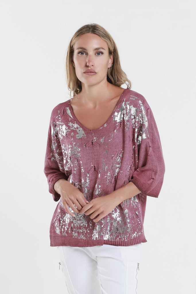 BLS434M 409 Navy Metallic Accent Emilia LS Ribbed Knit Top