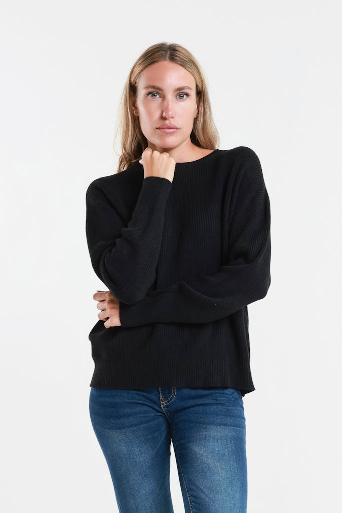 BLS430-001 Black Heather LS Alternating Rib Knit