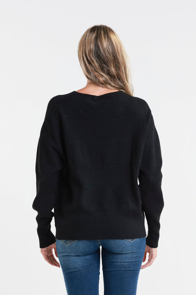 BLS430-001 Black Heather LS Alternating Rib Knit