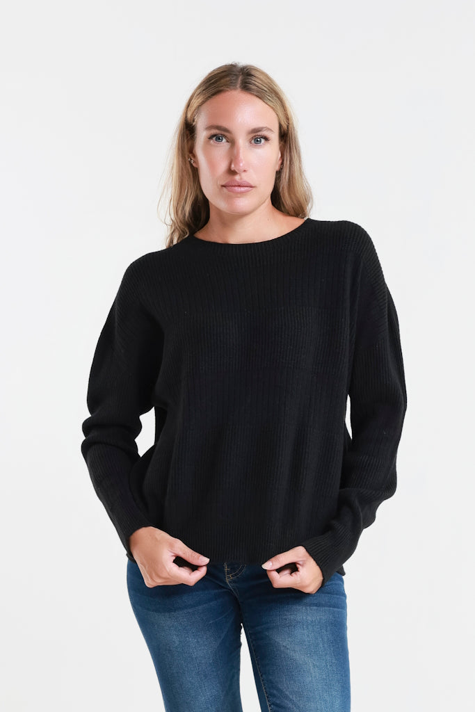 BLS430-001 Black Heather LS Alternating Rib Knit