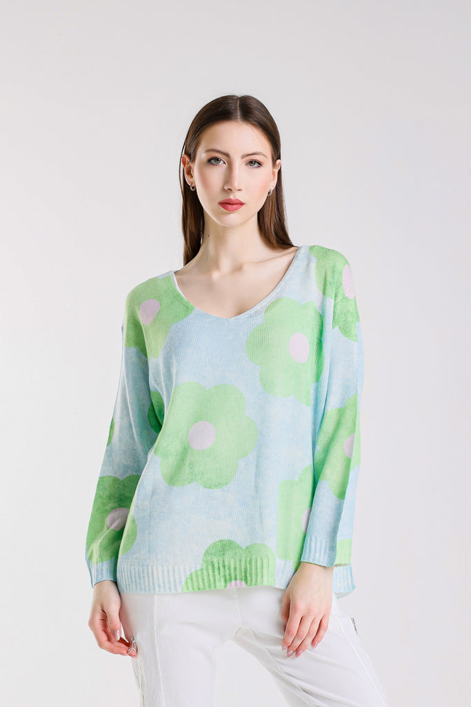 BLS431D 442 Aqua Daisy Hannah LS Light Sweater