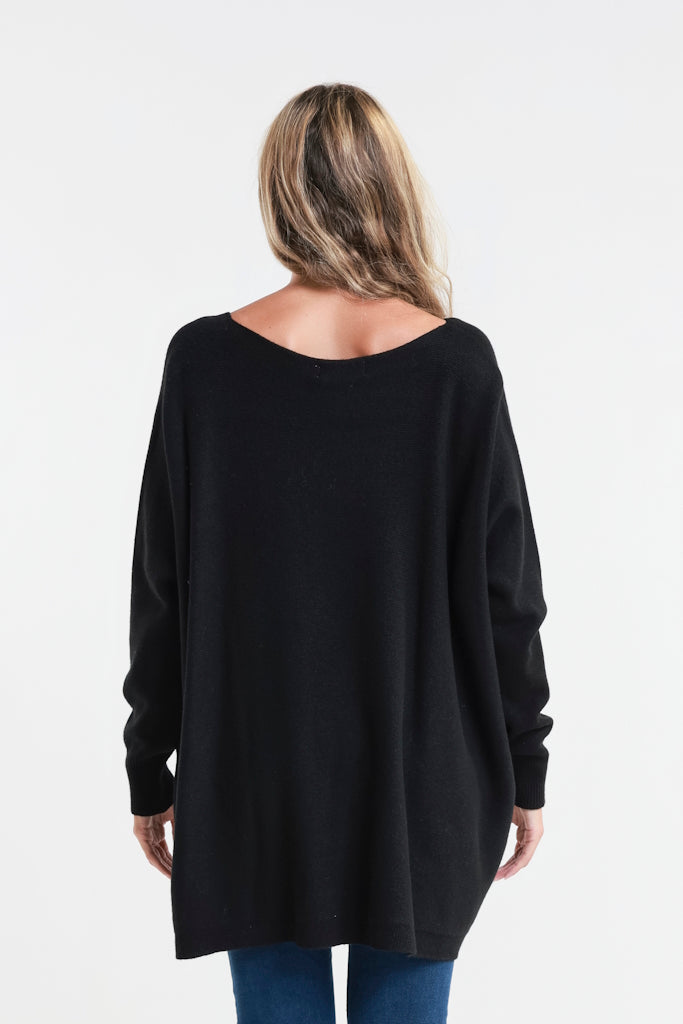 BLS433-001 Black Shannon LS Oversize Fringe Pocket Sweater