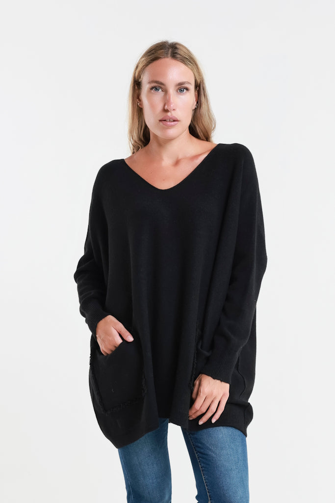 BLS433-001 Black Shannon LS Oversize Fringe Pocket Sweater