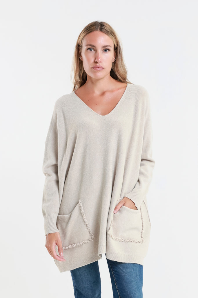 BLS433-250 Beige Shannon LS Oversize Fringe Pocket Sweater