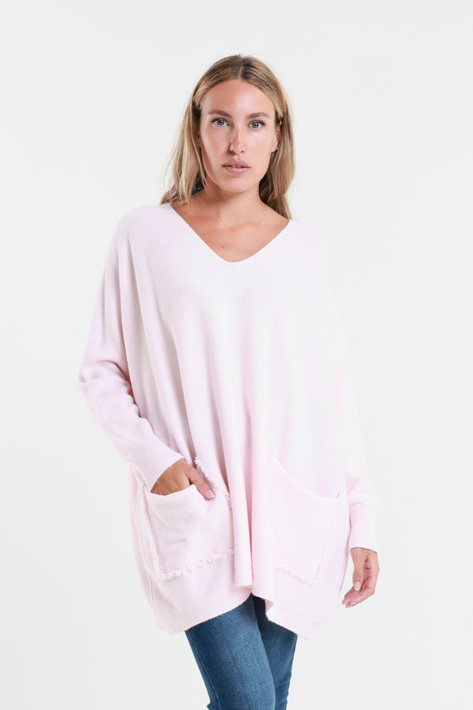 BLS433-650 Pink Shannon LS Oversize Fringe Pocket Sweater