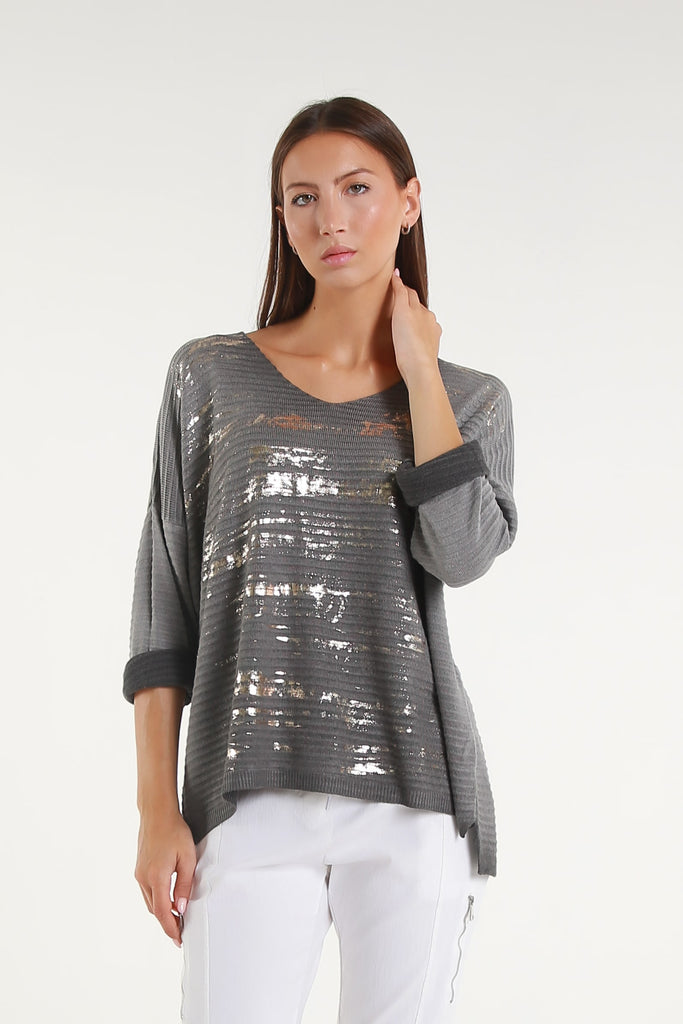 BLS434M 032 Dark Gray Metallic Accent Emilia LS Ribbed Knit Top